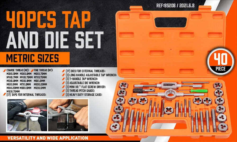 40-Piece Tap and Die Set | Metric Size Screw Thread Drill with Pitch Gauge