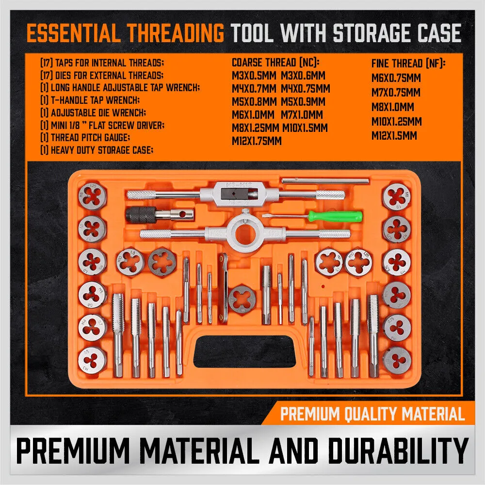 40-Piece Tap and Die Set | Metric Size Screw Thread Drill with Pitch Gauge