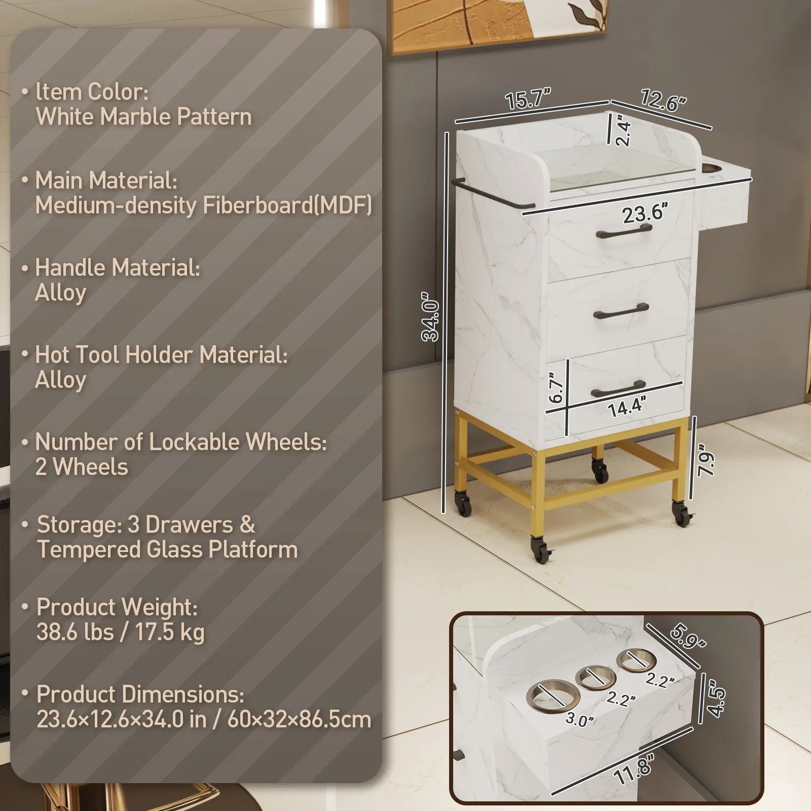 Advwin Salon Trolley with Glass Top