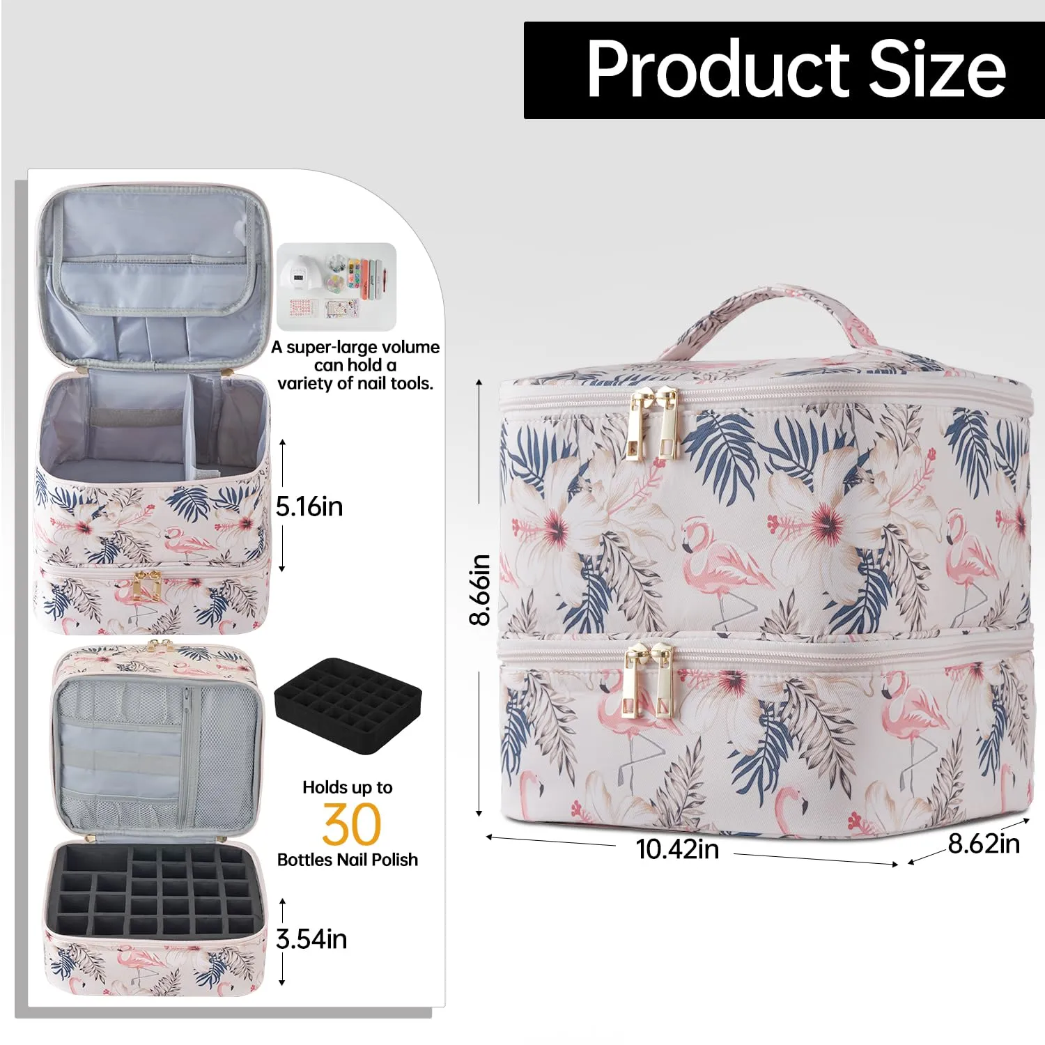 Buruis Nail Polish Organizer, Double-Layer Nail Tools and Nail Dryer Case, Holds 27 Various Size Bottles (15ml - 0.5 fl.oz or Larger), Nail Polish Carrying Case with Adjustable Dividers(Flamingo)