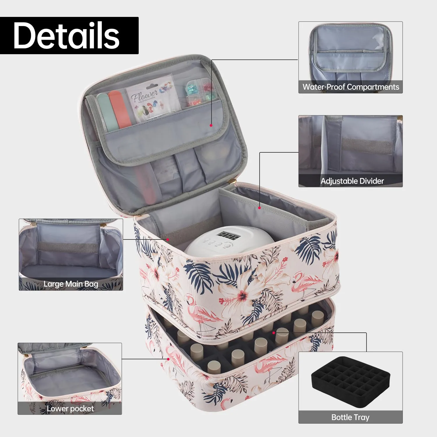 Buruis Nail Polish Organizer, Double-Layer Nail Tools and Nail Dryer Case, Holds 27 Various Size Bottles (15ml - 0.5 fl.oz or Larger), Nail Polish Carrying Case with Adjustable Dividers(Flamingo)