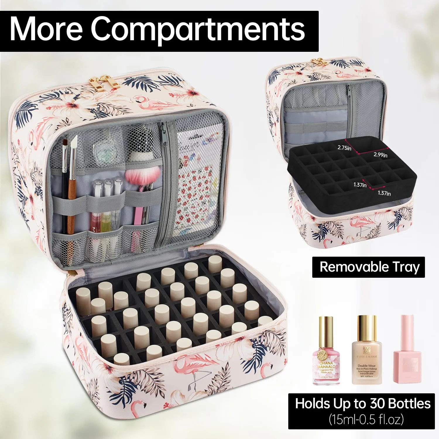 Buruis Nail Polish Organizer, Double-Layer Nail Tools and Nail Dryer Case, Holds 27 Various Size Bottles (15ml - 0.5 fl.oz or Larger), Nail Polish Carrying Case with Adjustable Dividers(Flamingo)